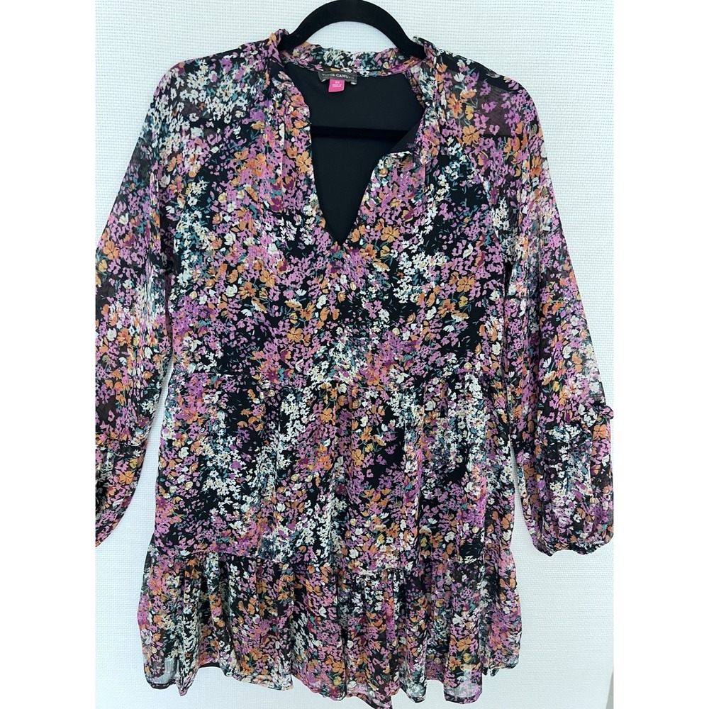 Vince Camuto Babydoll Dress Dark Romantic Floral Ruffle Hem Size XS Oversized